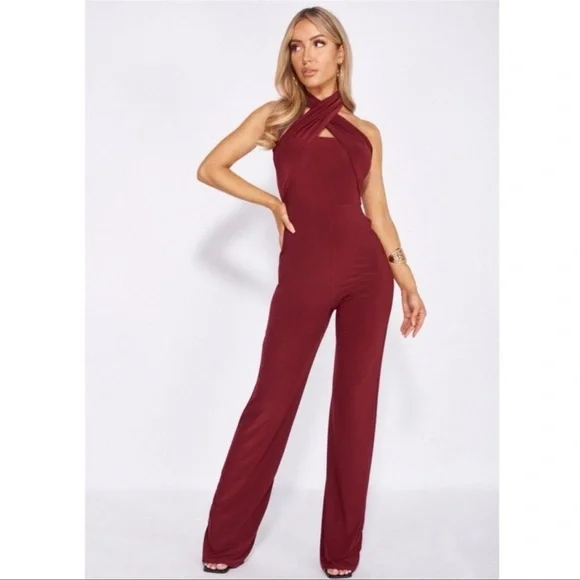 Burgundy Sleeveless Halter Neck Open Back Wide Leg Jumpsuit Playsuit - Picture 9 of 10